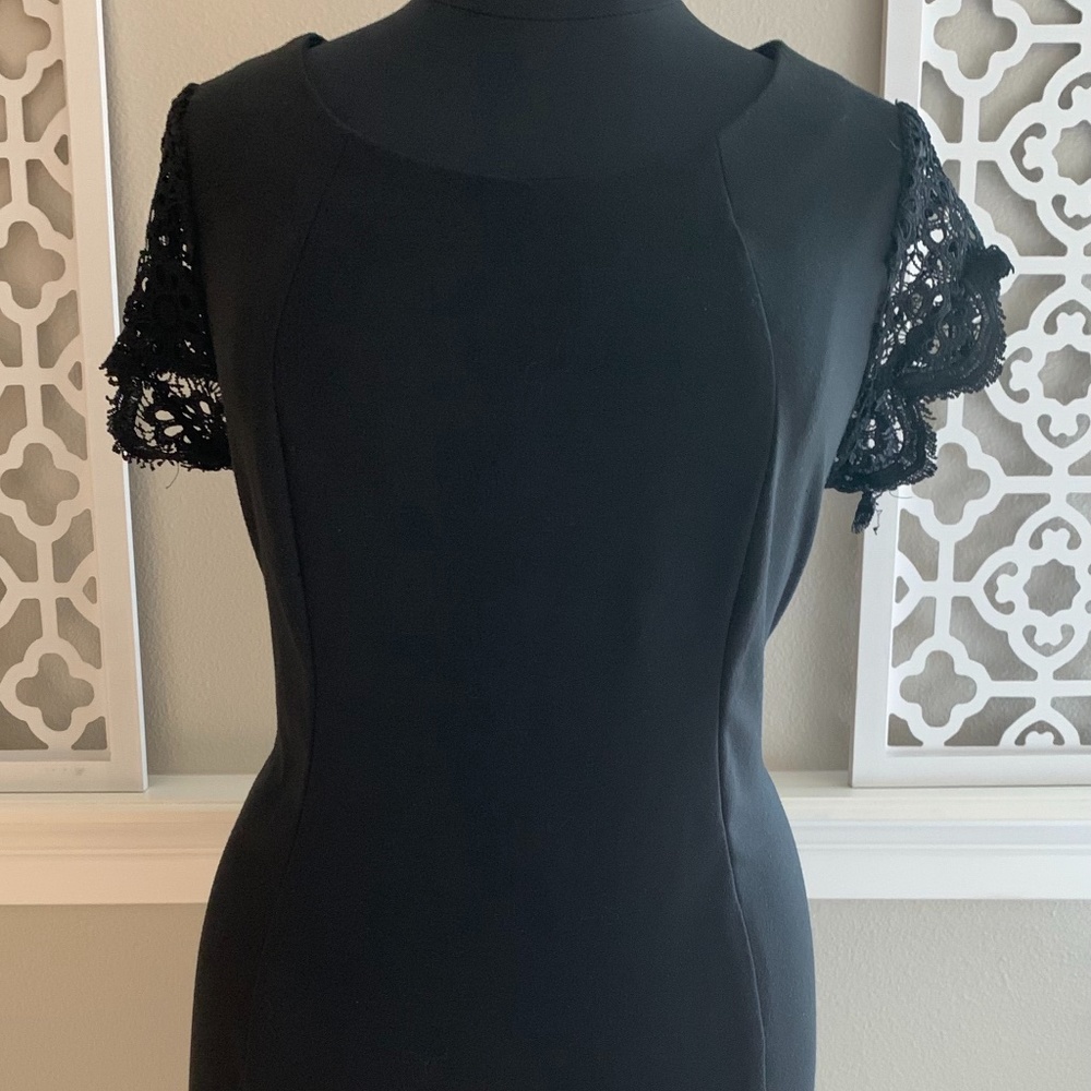 Sharagano Black Midi Dress with Lace Sleeves